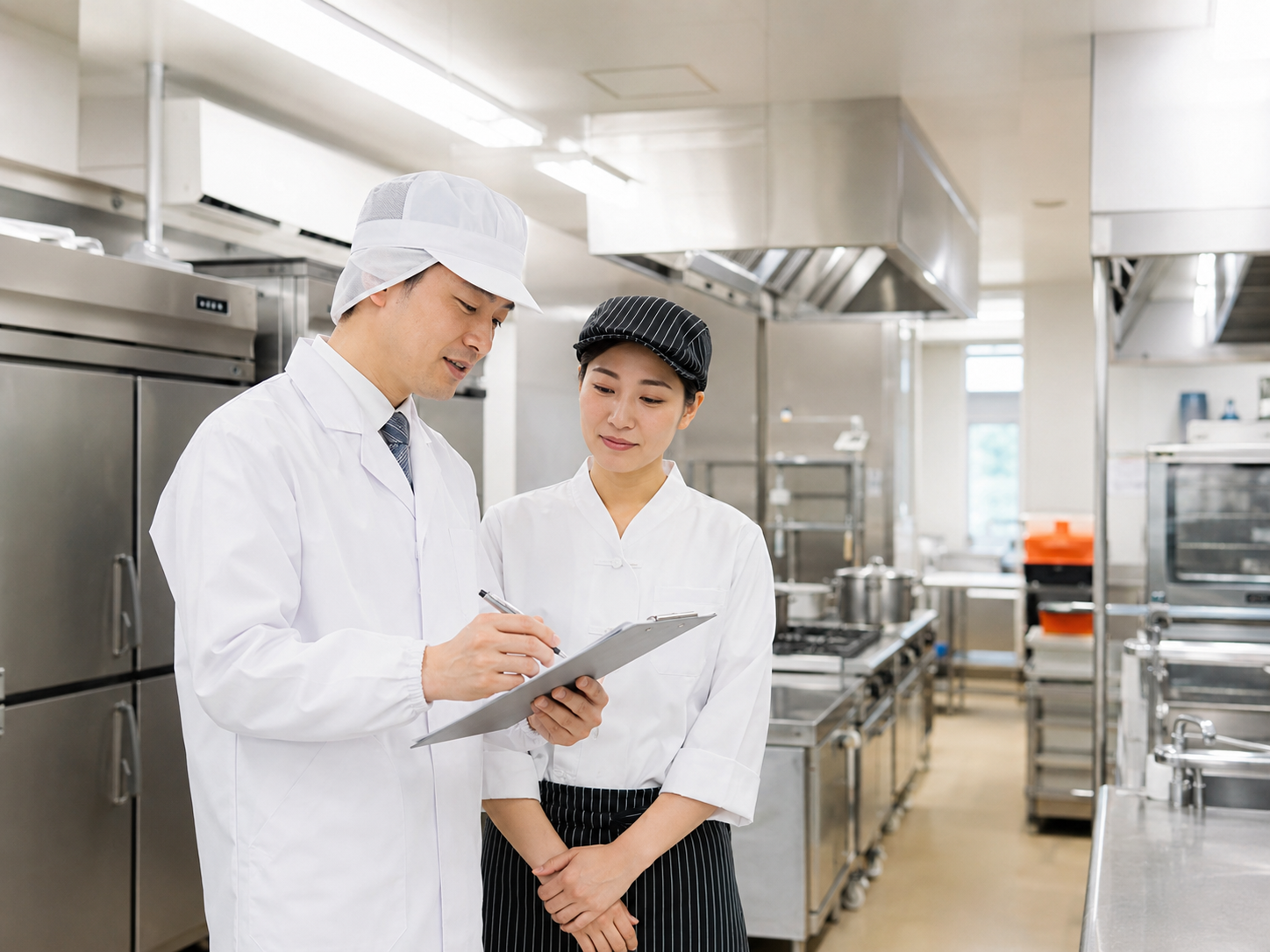 食品衛生コンサルタントが厨房で確認を行う様子(イメージ)